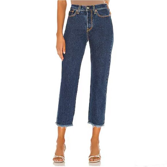 Levi’s Wedgie Straight Leg Dark Wash Blue Jeans Button Fly Raw Hem Pink Size 27 - Picture 1 of 9